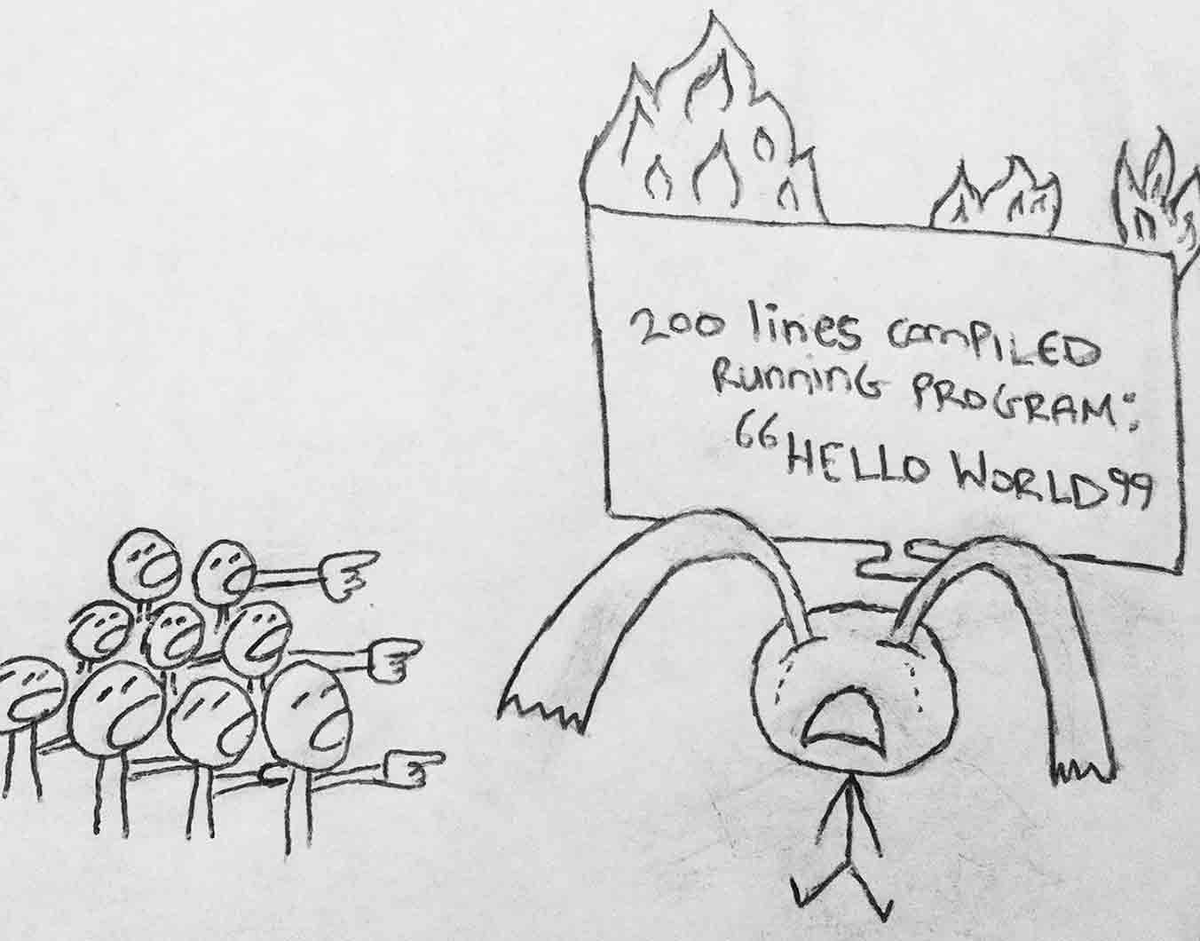 The second panel from this comic strip. Our hero cries while a crowd point and laugh as his hello world program goes up in flames behind him.