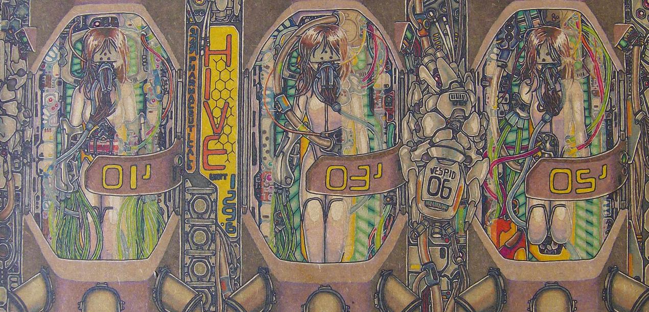 Human Realm (Maitreya), Realm series, marker and watercolour on MDF, 21x43.5cm