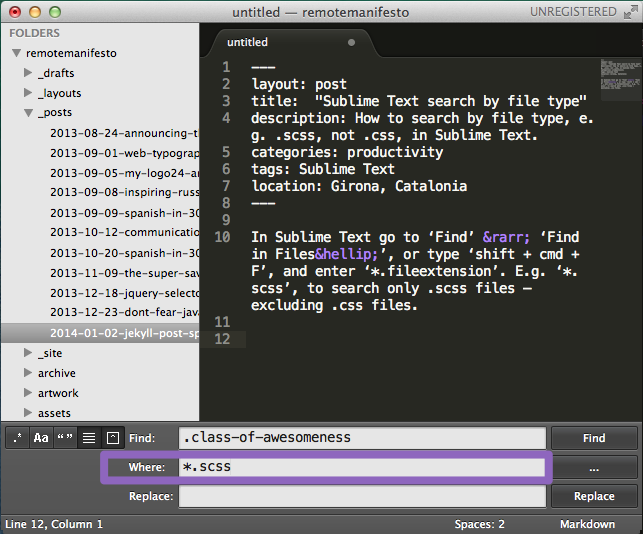 Screenshot of Sublime Text 2, showing searching by a specific file type, specifically *.scss