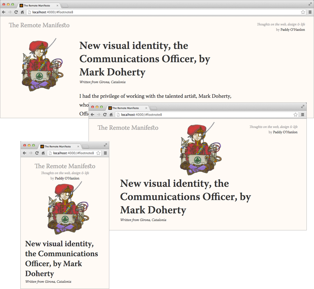 Three screenshots of how the character has been implemented in this site's design